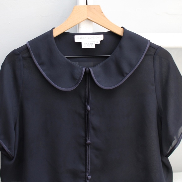 Vintage Maggy London Blue Sheer Button-Up  Top - Picture 2 of 5